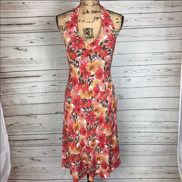 LOFT Floral Halter Midi Dress - Red and Pink - Picture 1 of 6